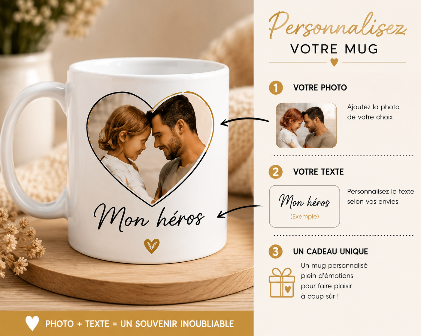 Visuel explicatif du mug papa personnalisé avec photo dans un cœur et texte modifiable