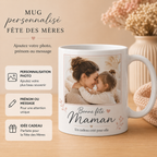 Mug blanc personnalisé spécial Fête des Mères avec photo imprimée, message Bonne fête Maman et mise en avant des options photo, prénom ou texte