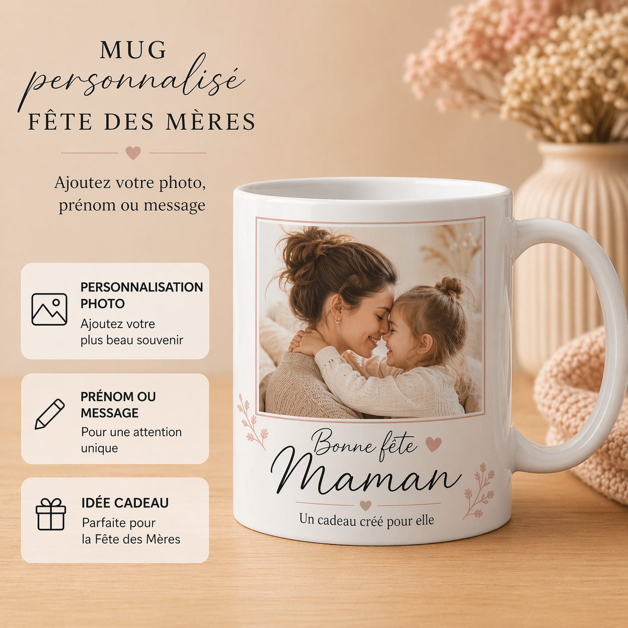 Mug blanc personnalisé spécial Fête des Mères avec photo imprimée, message Bonne fête Maman et mise en avant des options photo, prénom ou texte