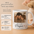 Mug blanc personnalisé spécial Fête des Pères avec photo imprimée, message Bonne fête Papa et mise en avant des options photo, prénom ou texte