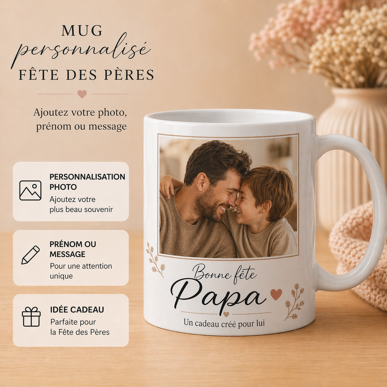 Mug blanc personnalisé spécial Fête des Pères avec photo imprimée, message Bonne fête Papa et mise en avant des options photo, prénom ou texte