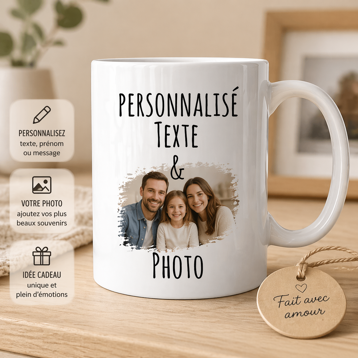 Mug blanc personnalisé avec texte noir, photo de famille imprimée, pictogrammes de personnalisation et étiquette cadeau, posé sur une table en bois clair