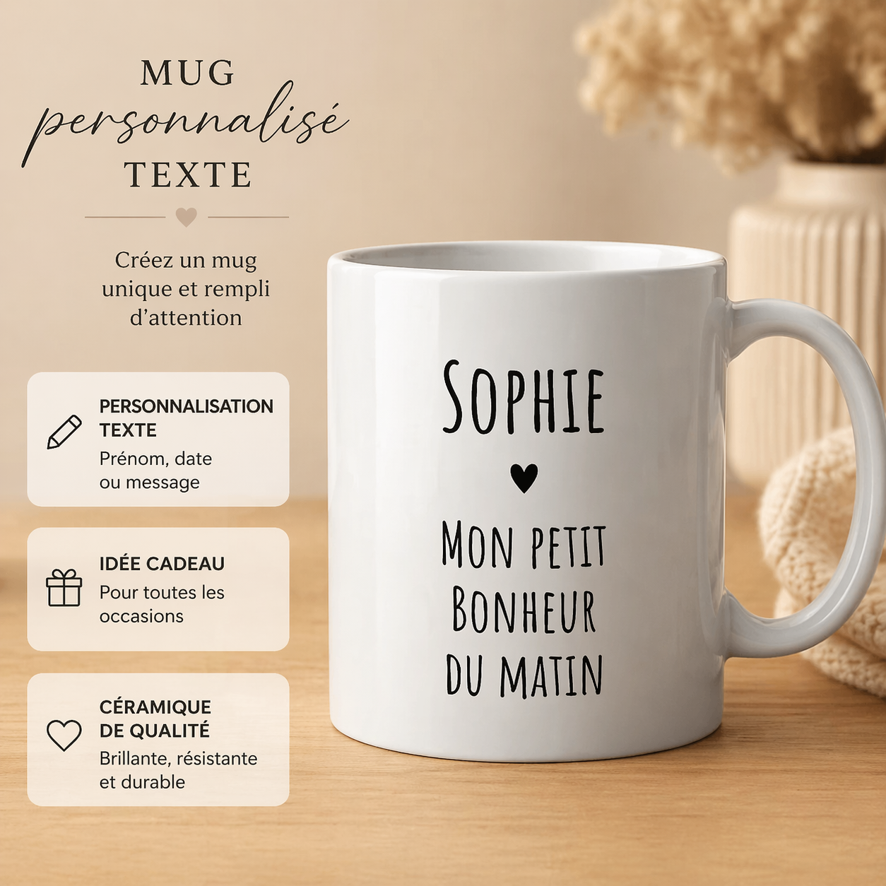 Mug blanc personnalisé avec prénom et texte noir, présenté sur table en bois clair dans une ambiance beige chaleureuse