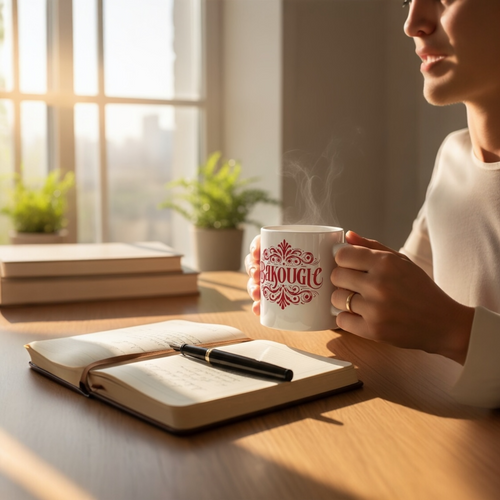 Personne tenant un mug blanc avec logo rouge BAKOUGIE, assise a un bureau en bois pres d un carnet ouvert et d un stylo, avec de la vapeur visible dans un interieur lumineux