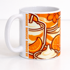 Mug blanc avec illustration orange d agrumes, tasse et creme, avec texte vertical BAKOUGIE pres de l anse, photographie en gros plan sur fond clair