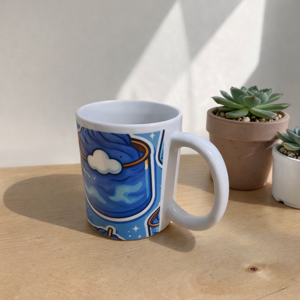 Mug blanc avec decor bleu et petit nuage, pose sur une table en bois avec deux plantes grasses en pot a droite, dans une lumiere naturelle