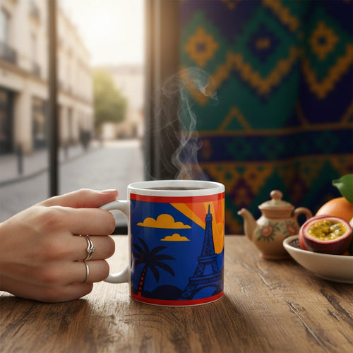 Main tenant un mug blanc avec une illustration colorée de tour, palmier, nuages et soleil, posé sur une table en bois avec de la vapeur visible, une théière et un fruit coupé à droite