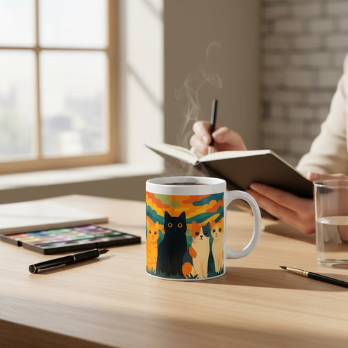 Mug blanc avec une illustration colorée de quatre chats, avec de la vapeur visible, posé sur un bureau en bois pendant qu une personne écrit dans un carnet