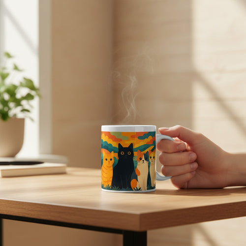 Main tenant un mug blanc avec une illustration colorée de quatre chats, avec de la vapeur visible, posé sur une table en bois dans un intérieur lumineux