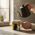 Mug blanc avec une illustration colorée de quatre chats, tenu par une main pendant qu une cafetiere noire verse une boisson chaude, avec de la vapeur visible, sur une table claire pres d une fenetre