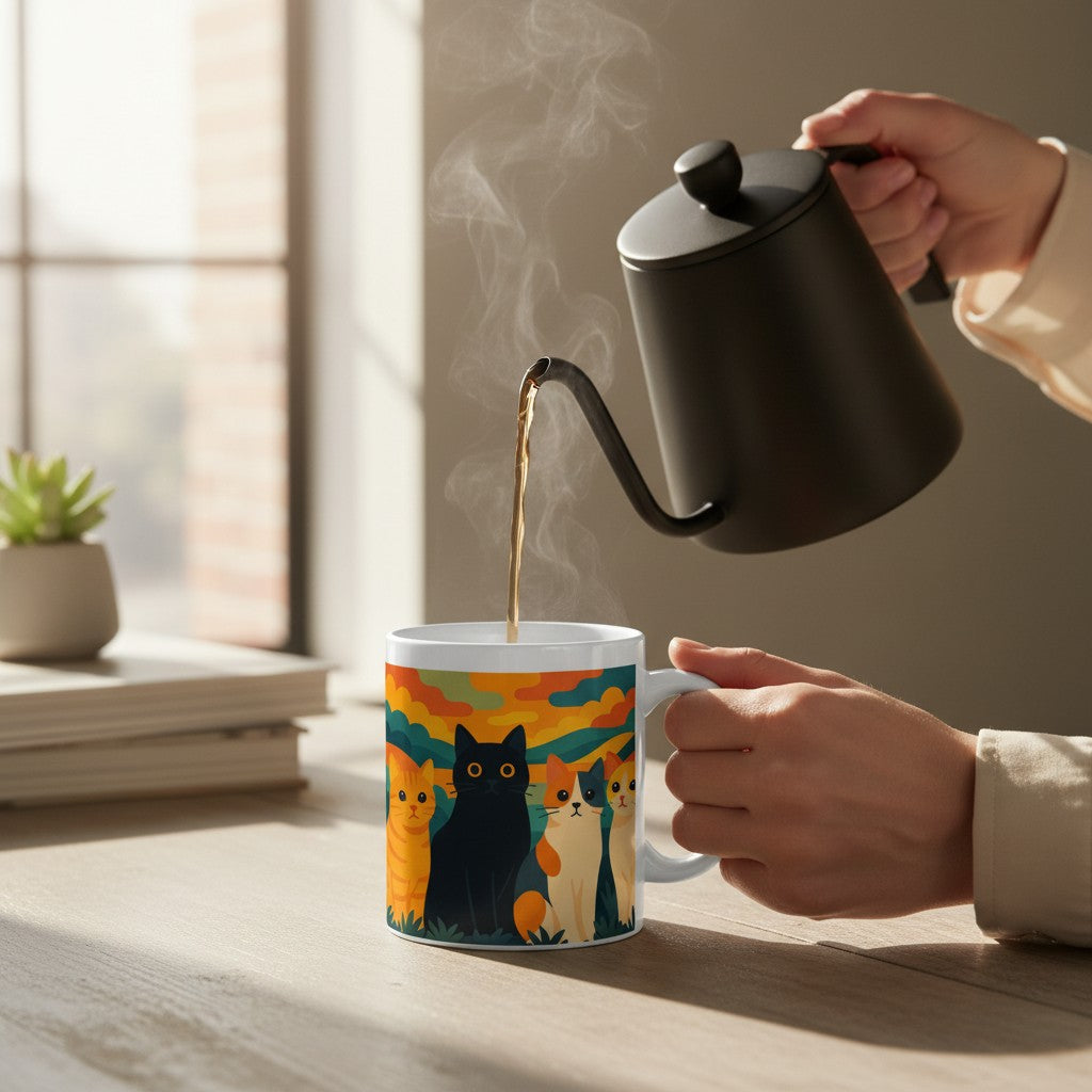 Mug blanc avec une illustration colorée de quatre chats, tenu par une main pendant qu une cafetiere noire verse une boisson chaude, avec de la vapeur visible, sur une table claire pres d une fenetre