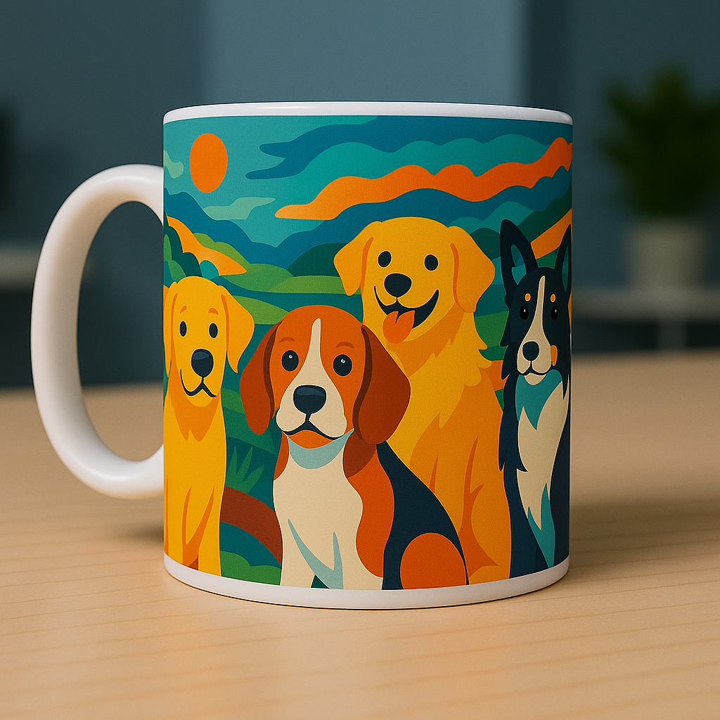 Mug blanc avec anse visible a gauche, imprime d une illustration coloree montrant quatre chiens devant un paysage stylise, pose sur une surface en bois clair devant un fond interieur flou