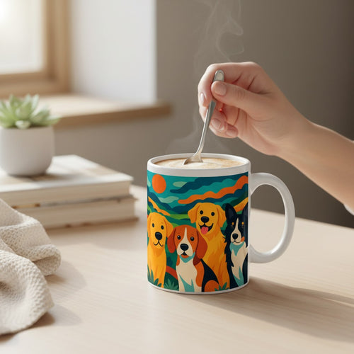 Main tenant une cuillere dans un mug blanc avec une illustration coloree de quatre chiens, avec de la vapeur visible, pose sur une table claire dans un interieur lumineux