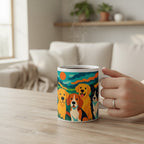 Main tenant un mug blanc avec une illustration colorée de quatre chiens, avec de la vapeur visible, posé sur une table claire dans un intérieur cosy