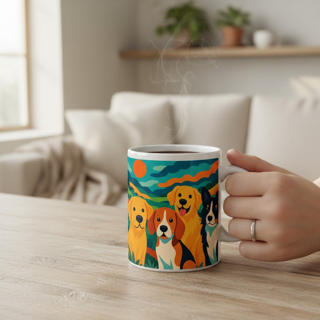 Main tenant un mug blanc avec une illustration colorée de quatre chiens, avec de la vapeur visible, posé sur une table claire dans un intérieur cosy