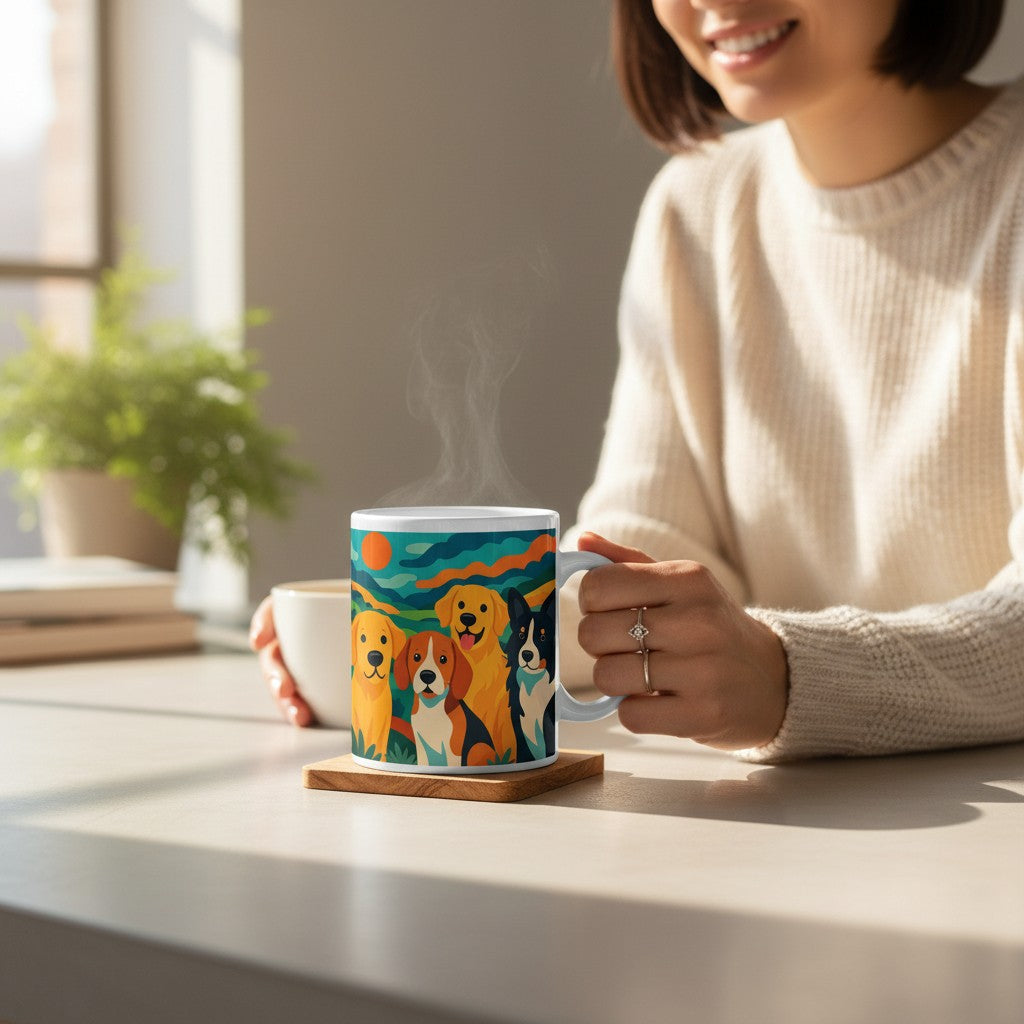 Personne tenant un mug blanc avec une illustration coloree de quatre chiens, pose sur un dessous de verre dans un interieur lumineux avec vapeur visible