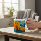 Main tenant un mug blanc avec une illustration coloree d un elephant et de deux petits elephants, avec de la vapeur visible, pose sur une table en bois dans un interieur lumineux