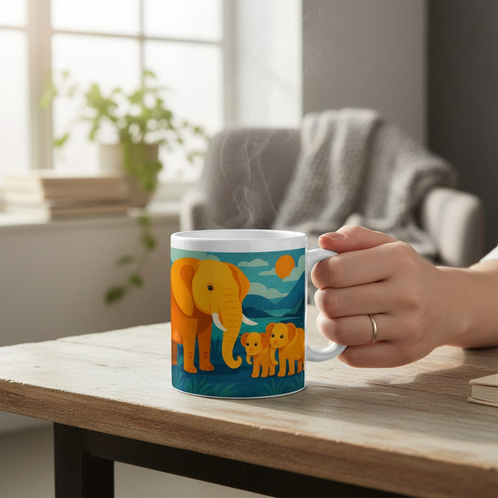 Main tenant un mug blanc avec une illustration coloree d un elephant et de deux petits elephants, avec de la vapeur visible, pose sur une table en bois dans un interieur lumineux