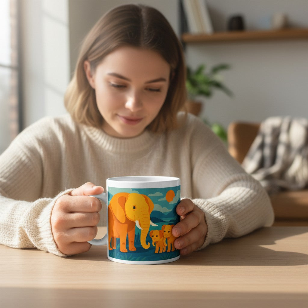 Personne tenant un mug blanc avec une illustration coloree d un elephant et de deux petits elephants, assise a une table dans un interieur lumineux