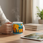 Mug blanc avec une illustration coloree d un elephant et de deux petits elephants, tenu a deux mains sur une table en bois, avec de la vapeur visible, des livres et une tablette a proximite