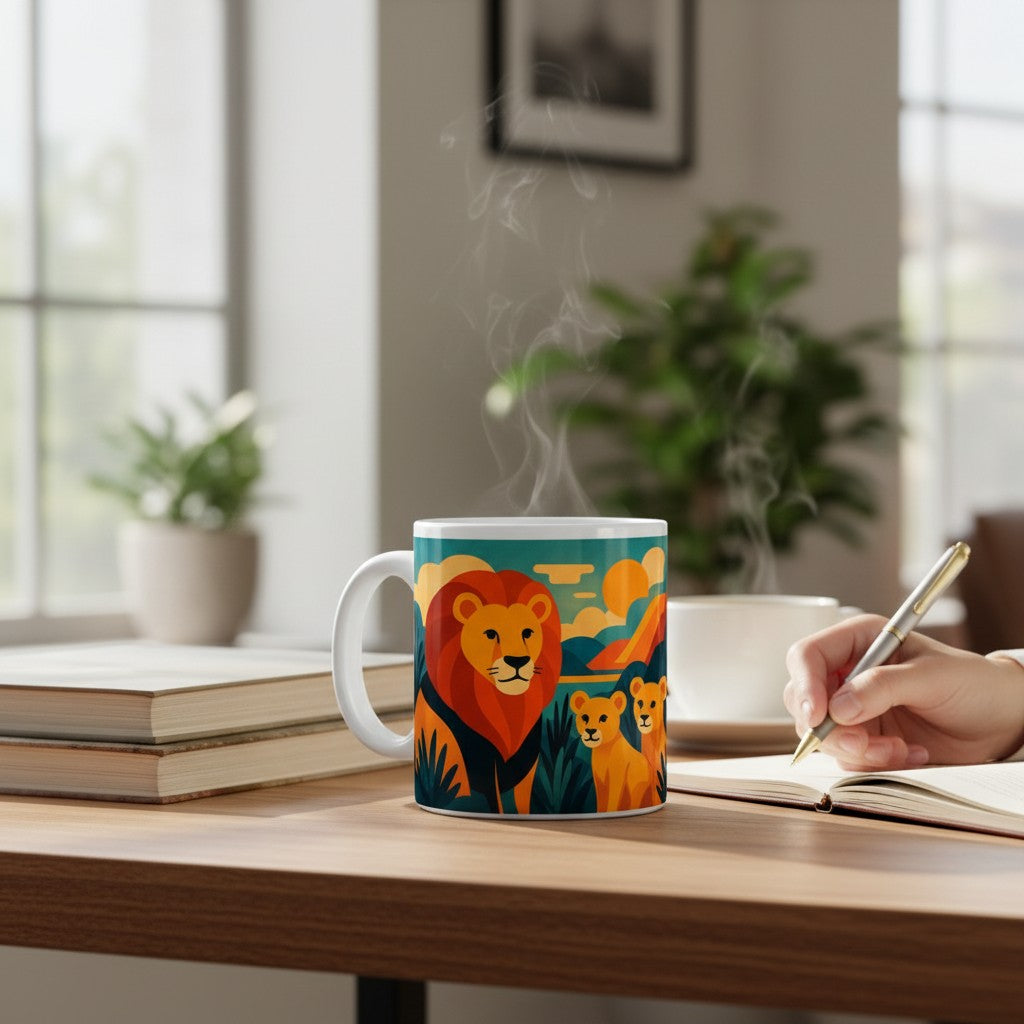 Mug blanc avec une illustration colorée de lion et lionceaux, avec de la vapeur visible, posé sur un bureau pendant qu une personne écrit dans un carnet