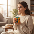Personne assise tenant un mug blanc avec une illustration colorée de lion et lionceaux, dans un intérieur chaleureux et lumineux