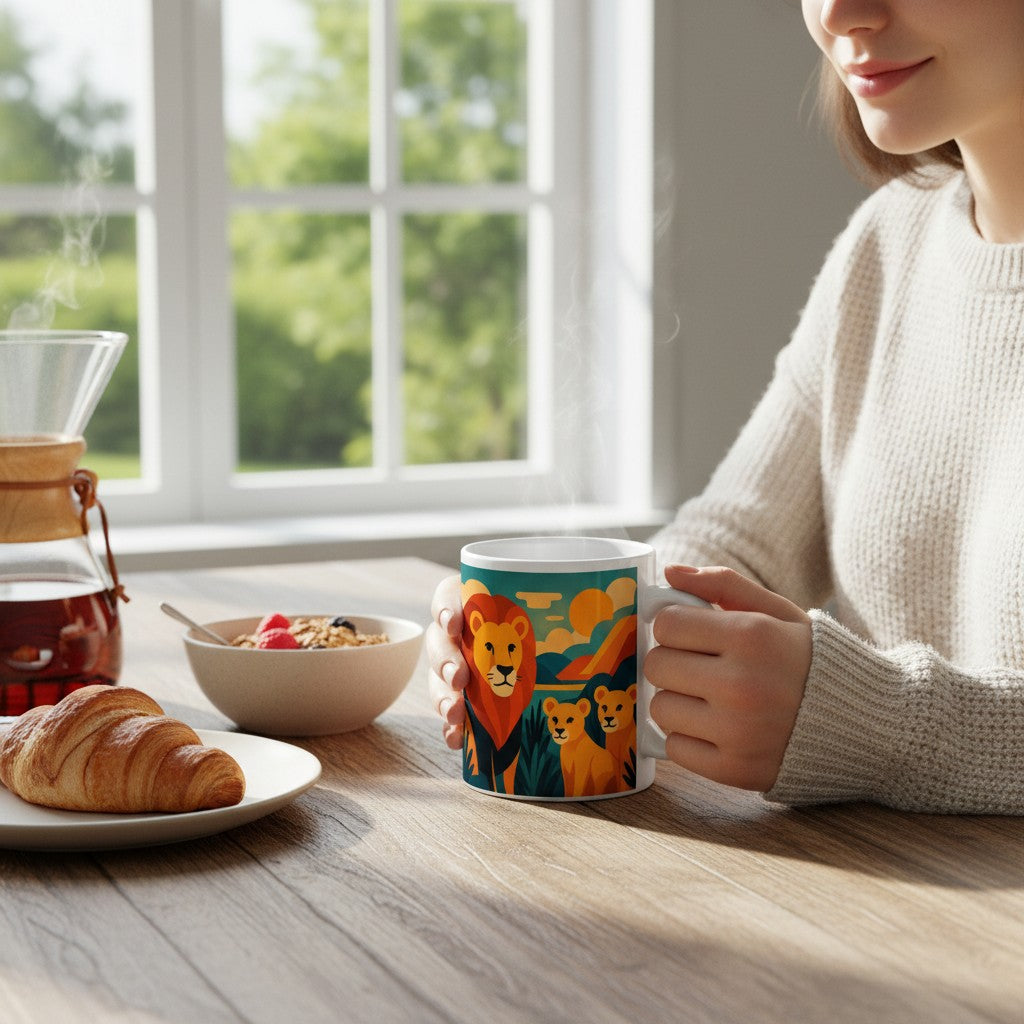 Personne tenant un mug blanc avec une illustration coloree de lion et lionceaux, sur une table en bois pres d une fenetre, avec de la vapeur visible, un croissant, un bol et une carafe en verre