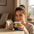 Personne souriante tenant un mug blanc avec une illustration de panda, assise a une table dans un interieur chaleureux et lumineux