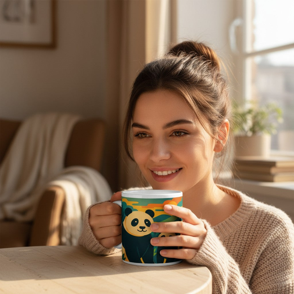 Personne souriante tenant un mug blanc avec une illustration de panda, assise a une table dans un interieur chaleureux et lumineux