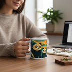 Personne tenant un mug blanc avec une illustration coloree de deux pandas, pose sur un bureau en bois pres d un ordinateur portable, de lunettes et d un carnet