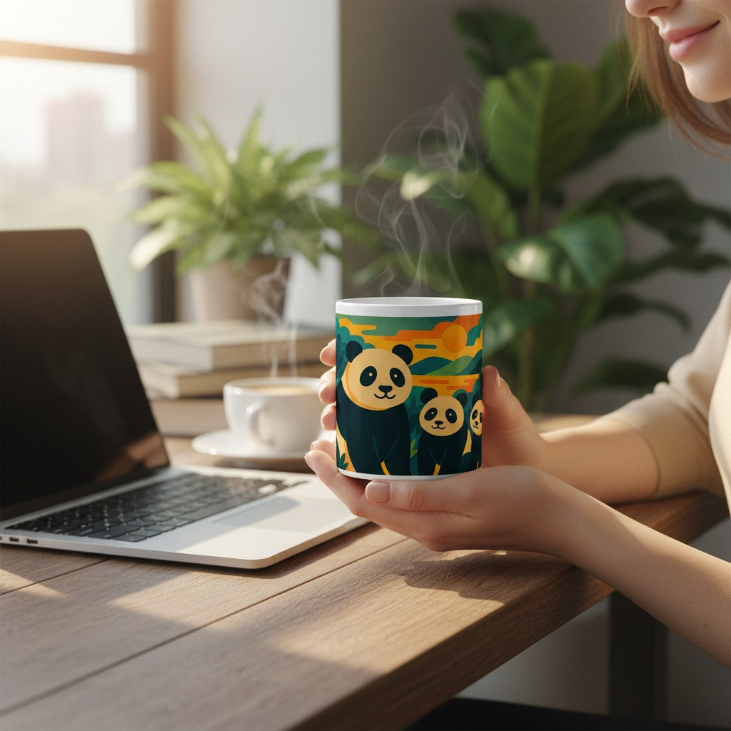 Personne tenant un mug blanc avec une illustration colorée de pandas, près d’un ordinateur portable et d’une tasse blanche fumante sur un bureau en bois