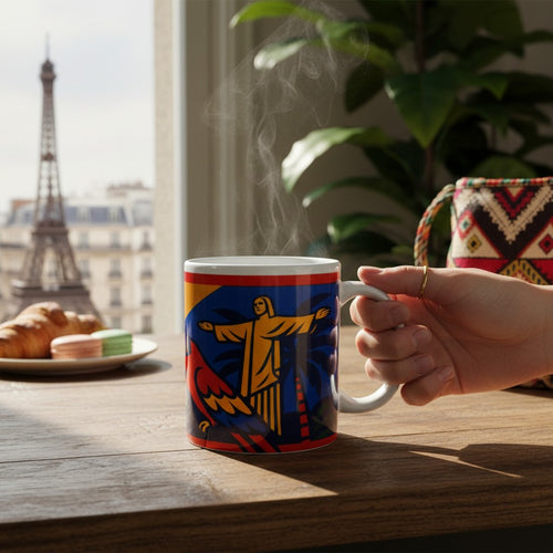 Main tenant un mug blanc avec une illustration coloree montrant une statue bras ouverts, pose sur une table en bois devant une fenetre avec la tour Eiffel en arriere-plan