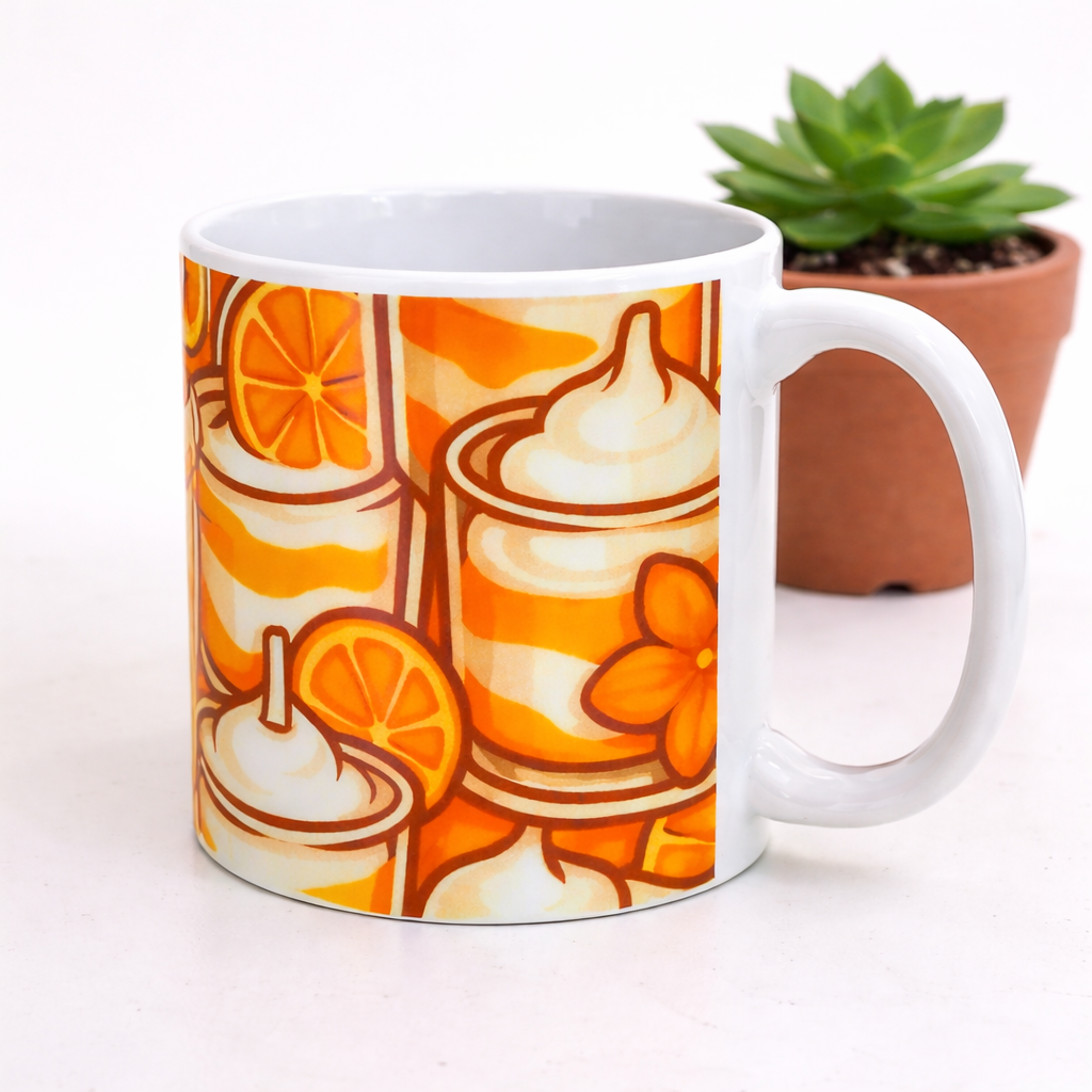 Mug blanc avec illustration orange de tranches d agrumes, verres et creme fouettee, photographie en gros plan avec une plante en pot a l arriere plan