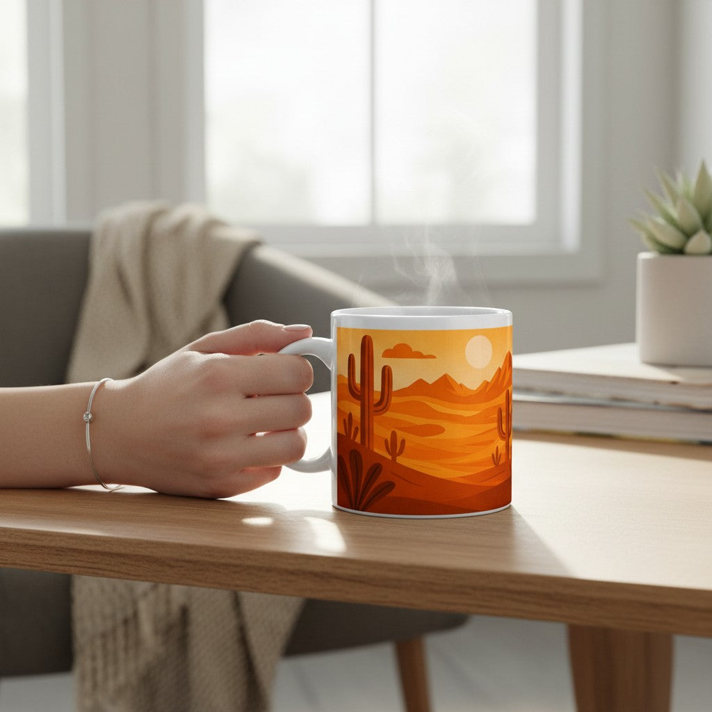 Main tenant un mug blanc avec une illustration de paysage désertique orange avec cactus, posé sur un bureau clair dans un intérieur lumineux, avec de la vapeur visible