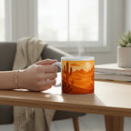 Main tenant un mug blanc avec une illustration de paysage désertique orange avec cactus, posé sur un bureau clair dans un intérieur lumineux, avec de la vapeur visible
