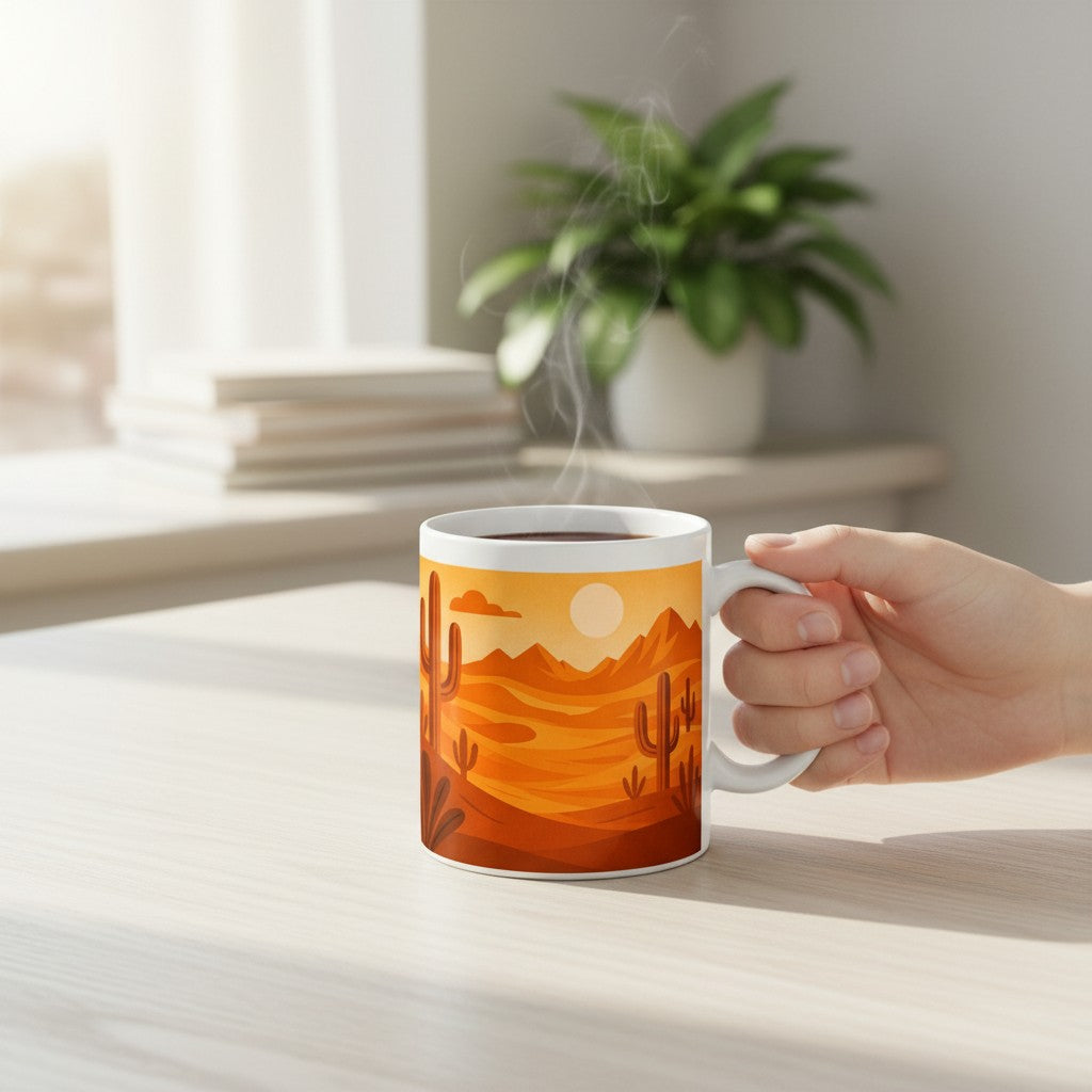 Main tenant un mug blanc avec une illustration de paysage desertique orange avec cactus, avec de la vapeur visible, sur une table claire pres d une fenetre et d une plante