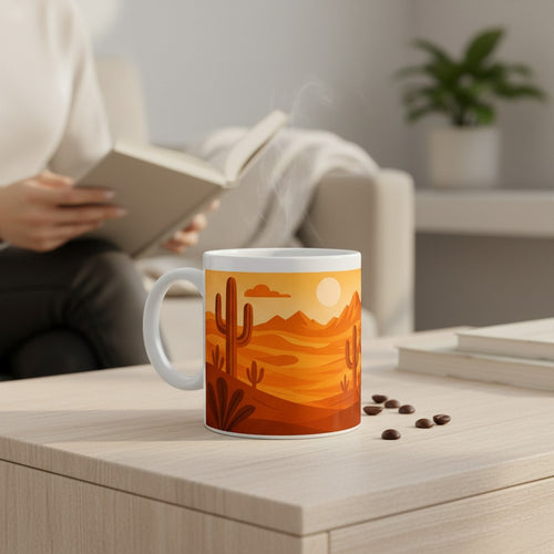 Mug blanc avec une illustration de paysage desertique orange avec cactus, pose sur une table claire dans un salon, avec une personne lisant en arriere plan et quelques grains de cafe a droite