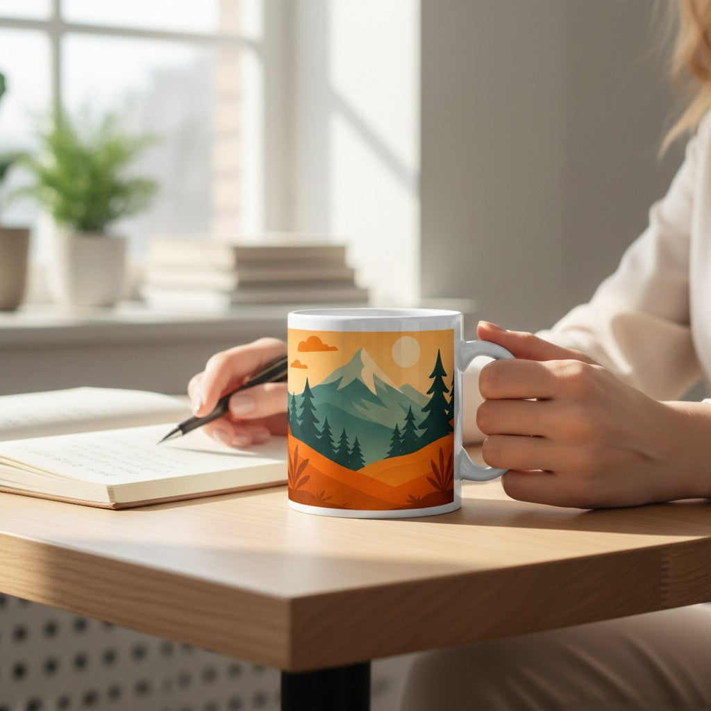 Personne tenant un mug blanc avec une illustration de paysage de montagne aux tons orange et vert, sur un bureau en bois clair, pendant qu elle ecrit dans un carnet