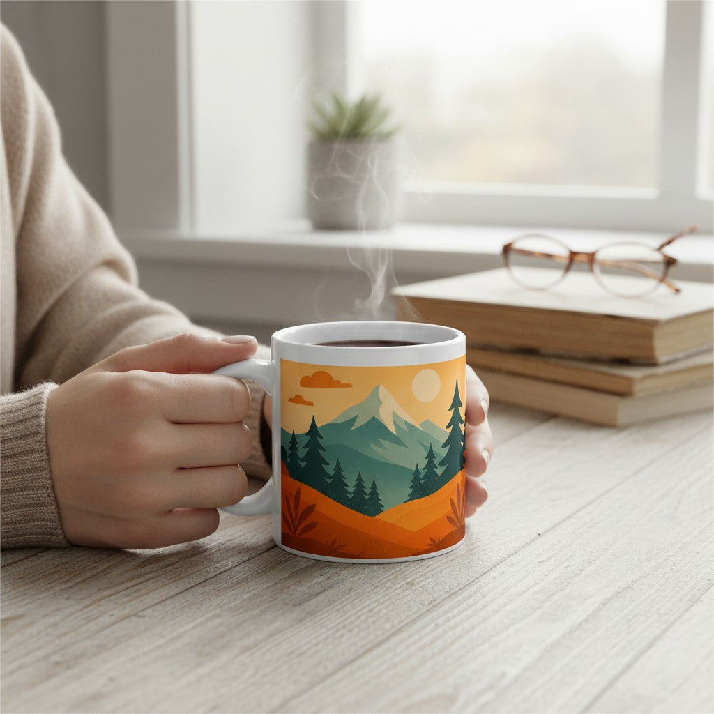 Personne tenant un mug blanc avec une illustration de paysage de montagne aux tons orange et vert, avec de la vapeur visible, sur une table claire pres de livres et de lunettes