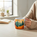 Personne tenant un mug blanc avec une illustration de paysage de montagne aux tons orange et vert, avec de la vapeur visible, sur une table claire dans un interieur lumineux