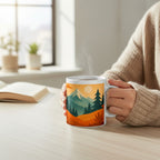 Personne tenant un mug blanc avec une illustration de paysage de montagne aux tons orange et vert, avec de la vapeur visible, sur une table claire dans un interieur lumineux