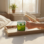 Mug blanc avec illustration de paysage vert posé sur un plateau en bois, avec de la vapeur visible, des lunettes et une personne tenant un livre dans une pièce lumineuse