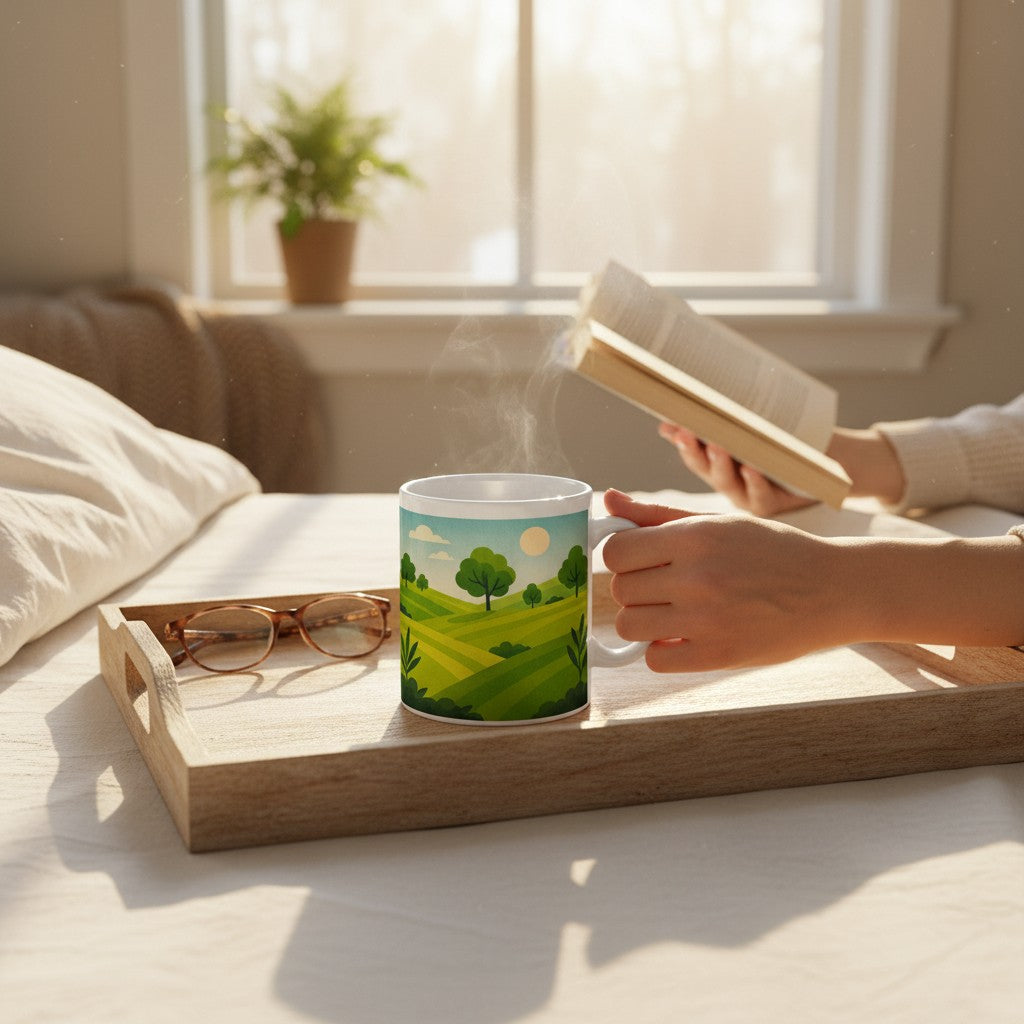 Mug blanc avec illustration de paysage vert posé sur un plateau en bois, avec de la vapeur visible, des lunettes et une personne tenant un livre dans une pièce lumineuse