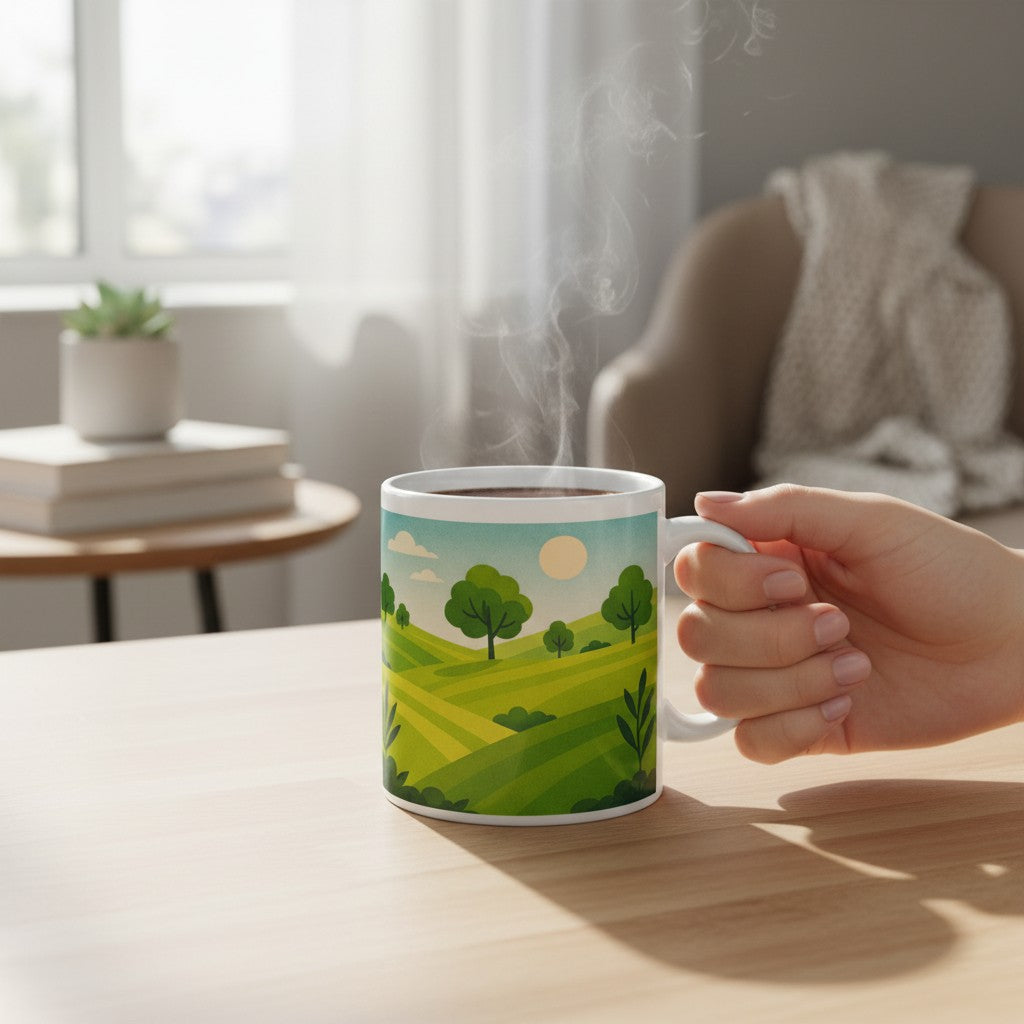 Main tenant un mug blanc avec une illustration de paysage vert, avec de la vapeur visible, posé sur une table claire dans un salon lumineux