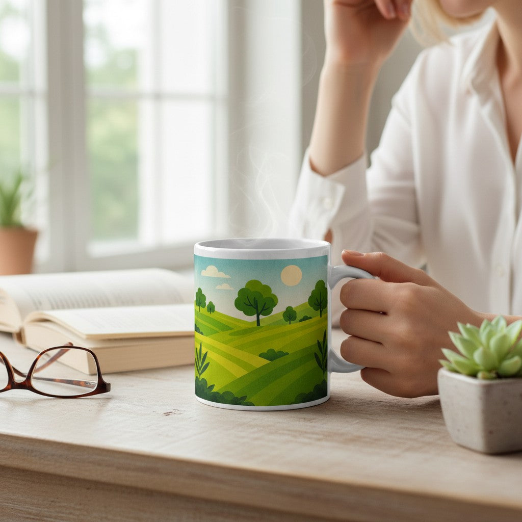 Personne tenant un mug blanc avec une illustration de paysage vert, posé sur un bureau clair près d une fenêtre, avec un livre ouvert, des lunettes et une plante