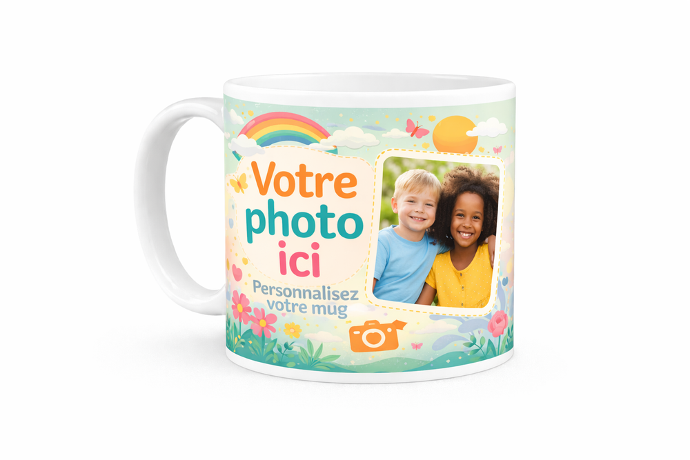 Mug blanc personnalisé avec photo et design coloré sur fond gris clair