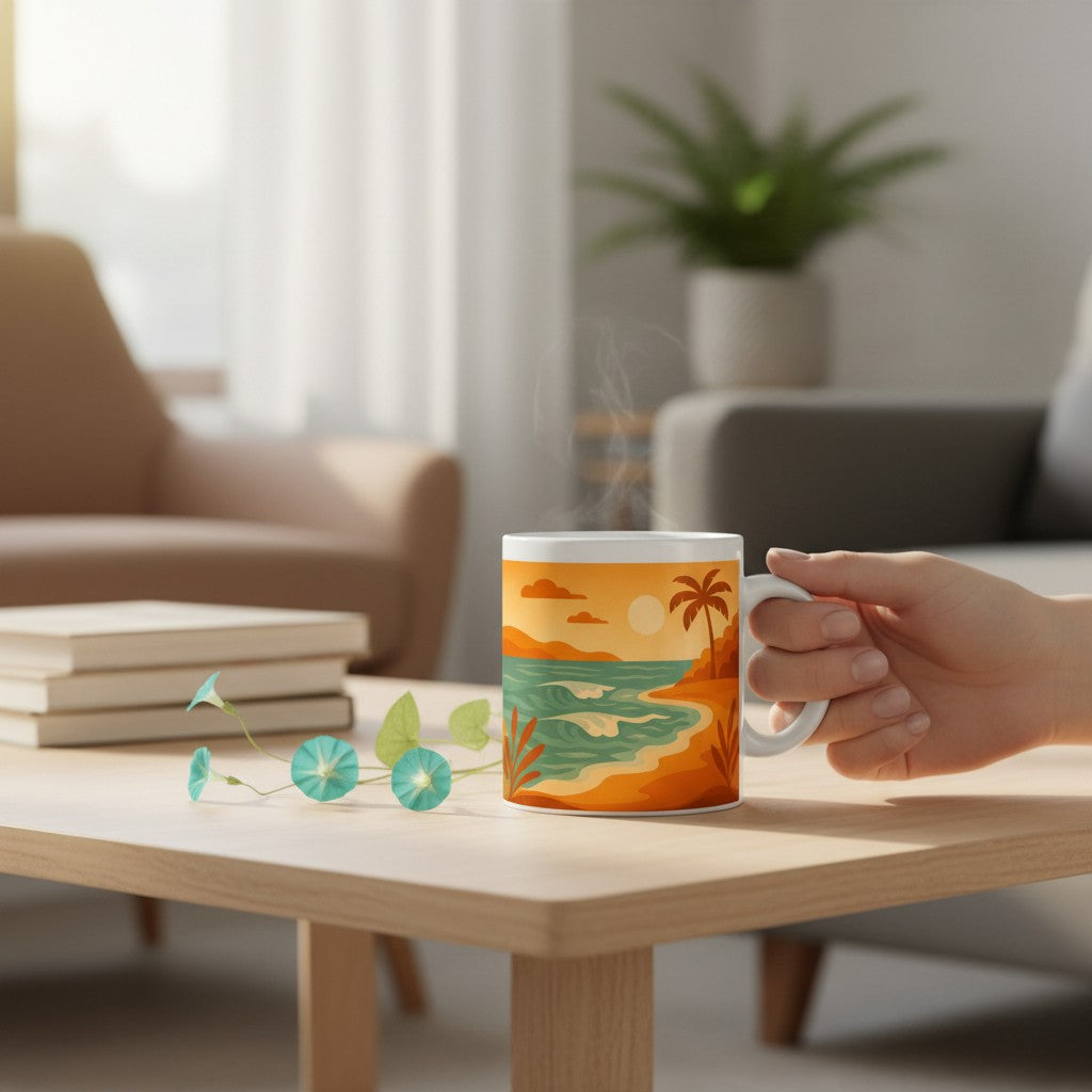 Main tenant un mug blanc avec une illustration de plage tropicale aux tons orange et turquoise, posé sur une table claire dans un salon lumineux avec livres, plante et vapeur visible