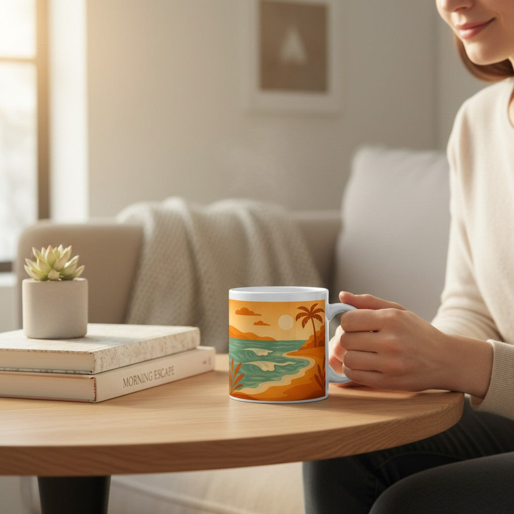 Personne tenant un mug blanc avec une illustration de plage tropicale aux tons orange et turquoise, pose sur une table ronde dans un salon lumineux avec livres et petite plante