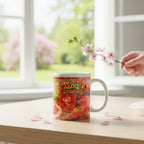 Mug blanc BAKOUGIE au visuel floral coloré posé sur une table claire devant une fenêtre, avec une main tenant une branche de fleurs roses à droite