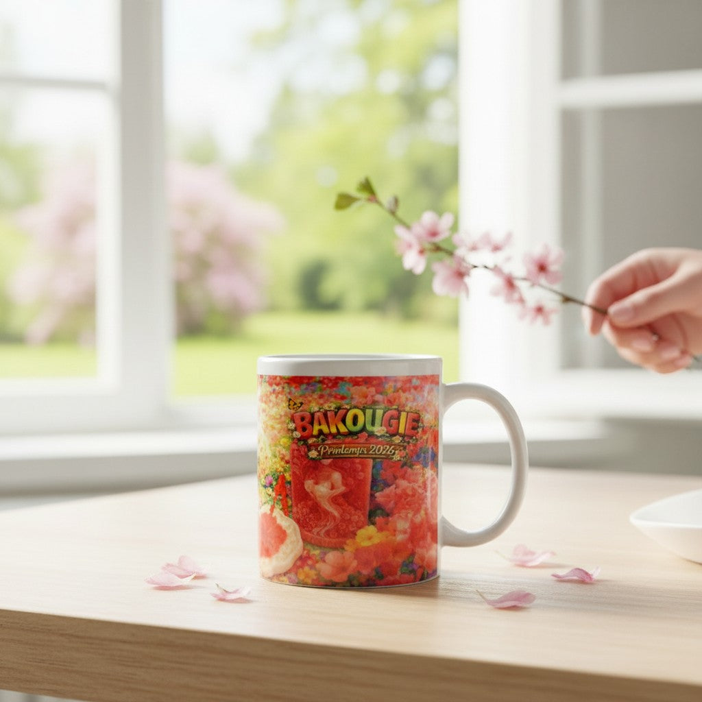 Mug blanc BAKOUGIE au visuel floral coloré posé sur une table claire devant une fenêtre, avec une main tenant une branche de fleurs roses à droite